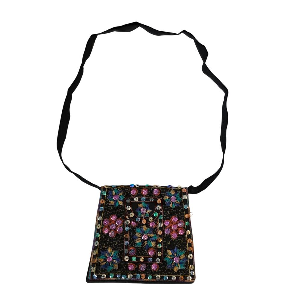 Embroidered Sequin Passport Crossbody Bag Black Boho Festival Pouch
